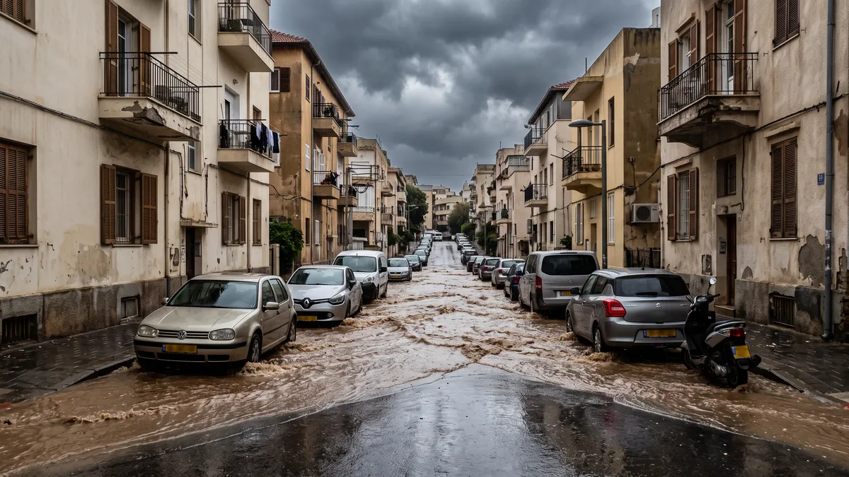 רחוב עירוני מוצף במים לאחר גשם עז בישראל, עם מכוניות עומדות במים