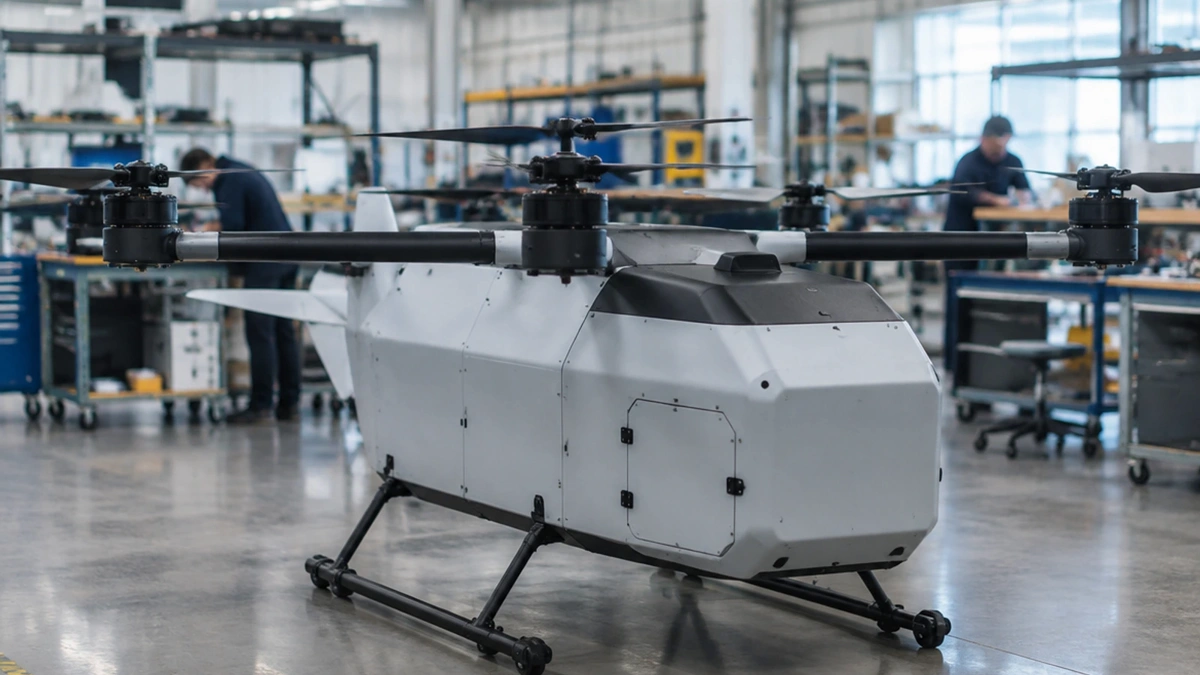 דגם כלי טיס eVTOL חשמלי בצבע לבן על מסלול בדיקות, עם טורבינות מסתובבות ורקע עירוני מרוחק