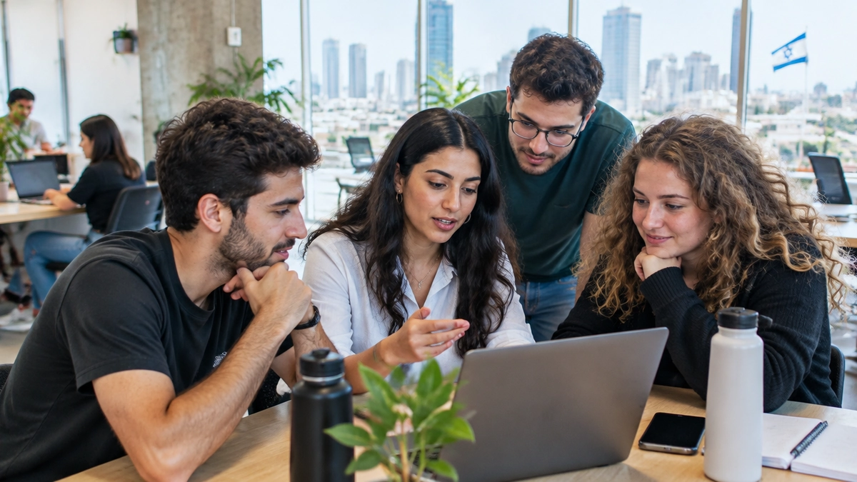 אישת הייטק עומדת ועובדת על מחשב נייד בשולחן עמידה במשרד תל אביבי מואר, ברקע עובדים נוספים וקו רקיע מטושטש