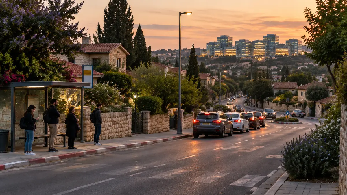 רחוב ראשי בעיירה ירוקה בצפון, עם תור מכוניות בצומת ותחנת אוטובוס בשעת בין ערביים